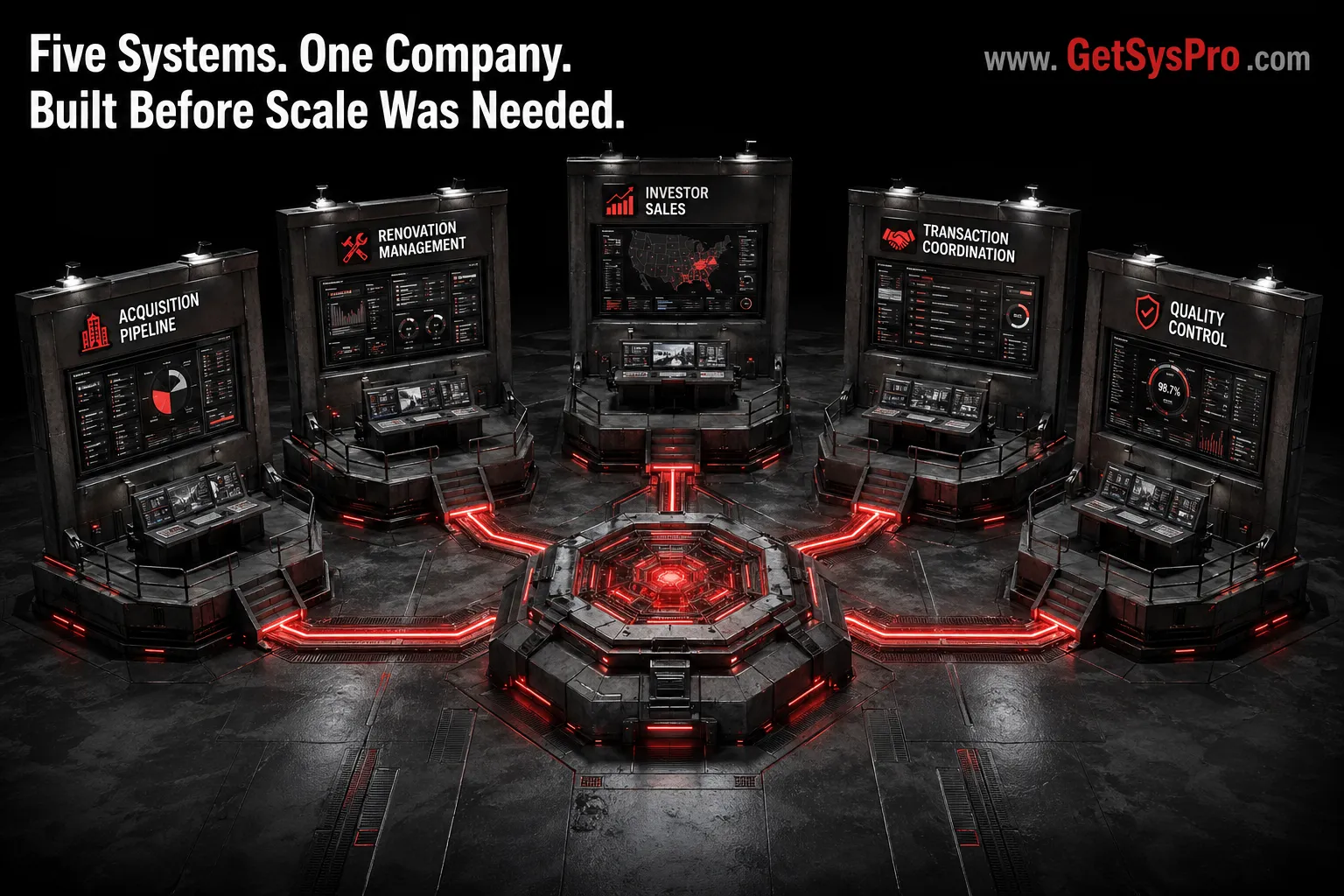 Five operational systems for a startup turnkey property provider including acquisition pipeline renovation management investor sales transaction coordination and quality control built from zero by GetSysPro www.GetSysPro.com