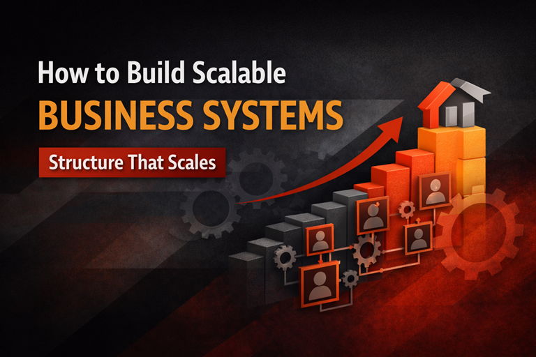 Illustration representing scalable business systems with structured processes, organizational hierarchy, and growth framework