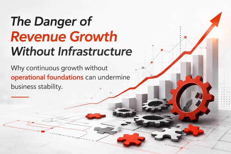 Business growth chart and operational gears visualizing revenue growth without infrastructure, concept explained by GetSysPro at www.GetSysPro.com