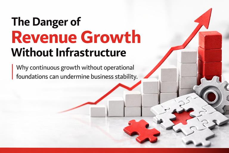 Business growth chart and operational gears visualizing revenue growth without infrastructure, concept explained by GetSysPro at www.GetSysPro.com