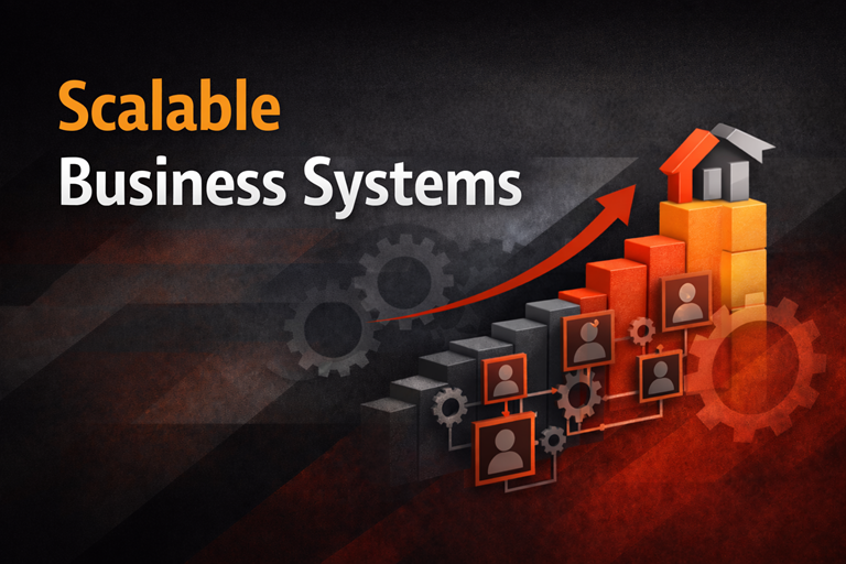 Graphic illustration of scalable business systems with structured processes, organizational hierarchy, and growth framework