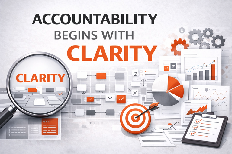 Operational clarity visual with systems flowchart, charts, and target illustrating accountability in business processes