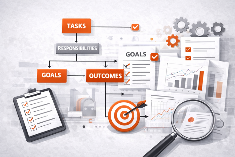 Business systems flowchart with tasks, responsibilities, goals, and outcomes illustrating accountability through operational clarity