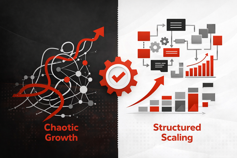 Business growth infographic comparing chaotic business growth with structured operational systems and scalable processes