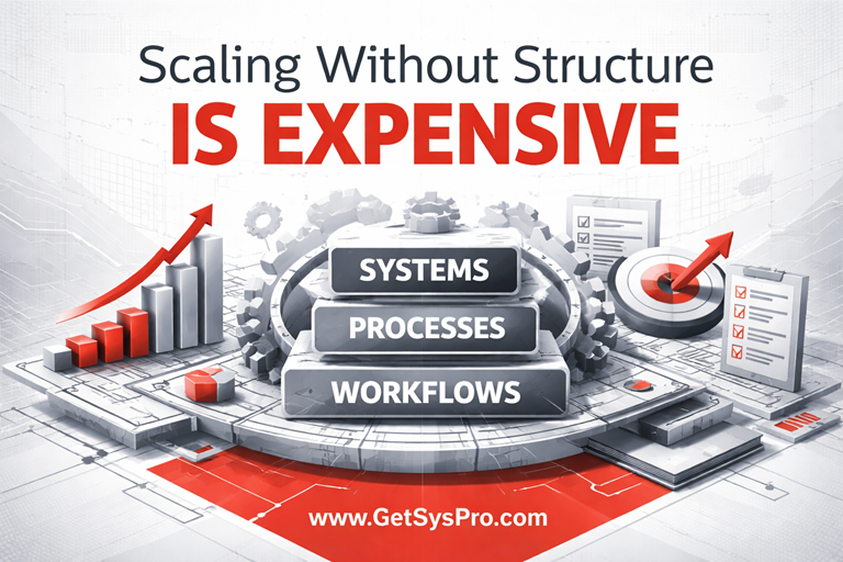 Business systems infographic showing how operational drift increases costs and inefficiencies, while structured processes and workflows create stable and scalable operations at www.GetSysPro.com