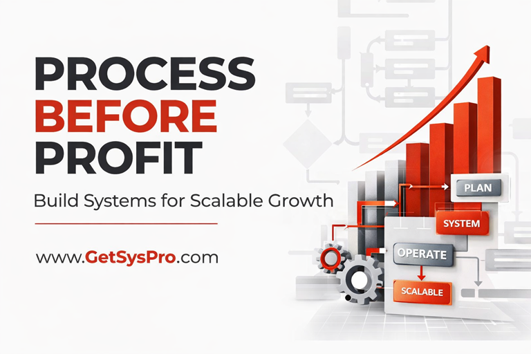 Process before profit infographic showing structured workflows, operational systems, and growth charts that support scalable business operations. Learn more at www.GetSysPro.com