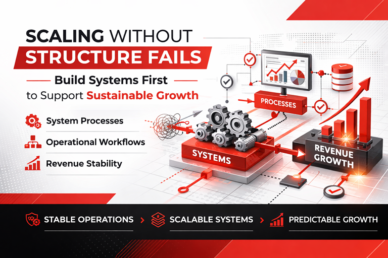 Infographic showing scaling without structure leading to failure, contrasted with structured systems, processes, and operational workflows driving stable and predictable business growth at www.GetSysPro.com