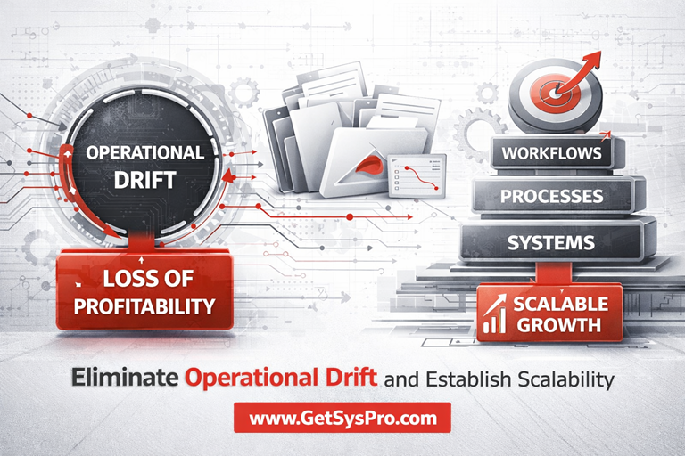 Infographic illustrating how operational drift leads to loss of profitability while structured systems, processes, and workflows drive scalable business growth at www.GetSysPro.com