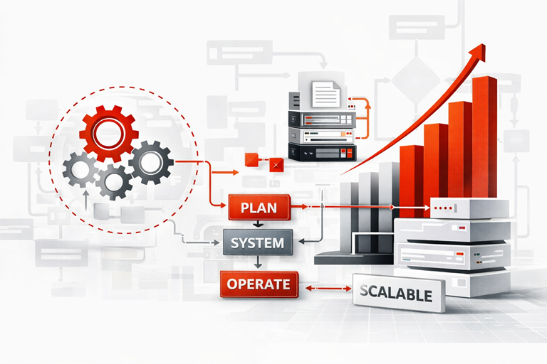 Operational systems infographic showing structured workflows, gears, process steps, and growth charts illustrating how business systems support scalable operations. Learn more at www.GetSysPro.com