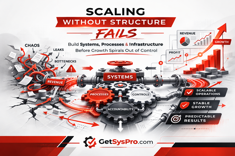Business systems infographic illustrating how lack of structure causes operational chaos, while organized processes and workflows enable scalable, stable, and predictable growth at www.GetSysPro.com