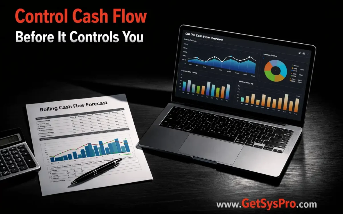 Rolling cash flow forecast and financial dashboard on a professional desk representing operational cash visibility and proactive liquidity management. www.GetSysPro.com