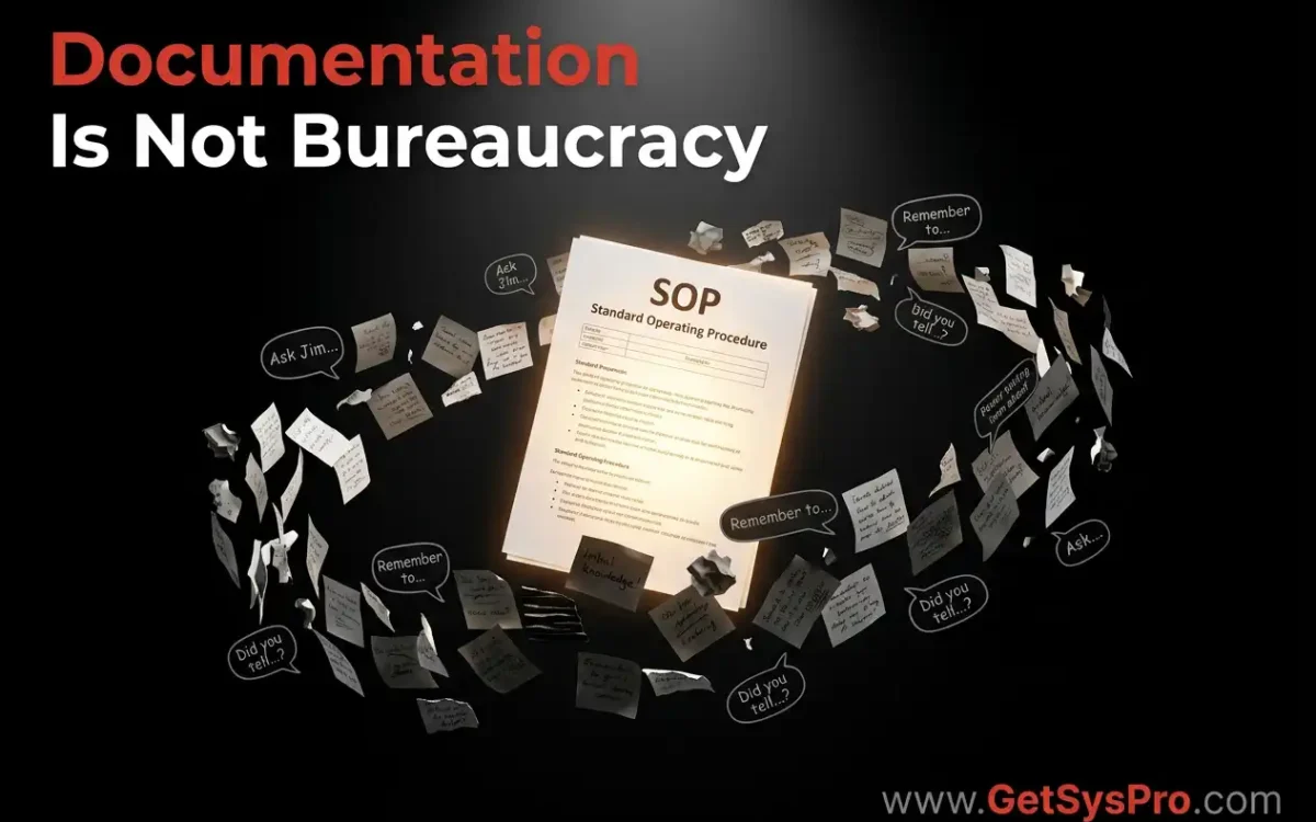 A glowing SOP document orbited by chaotic tribal knowledge fragments representing how documentation is not bureaucracy but the operational infrastructure that makes businesses scalable. www.GetSysPro.com
