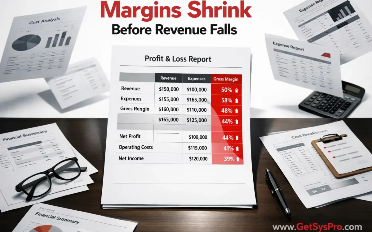 Profit and loss report on an executive desk where margins shrink before revenue falls, showing gross margin declining while revenue holds steady. www.GetSysPro.com