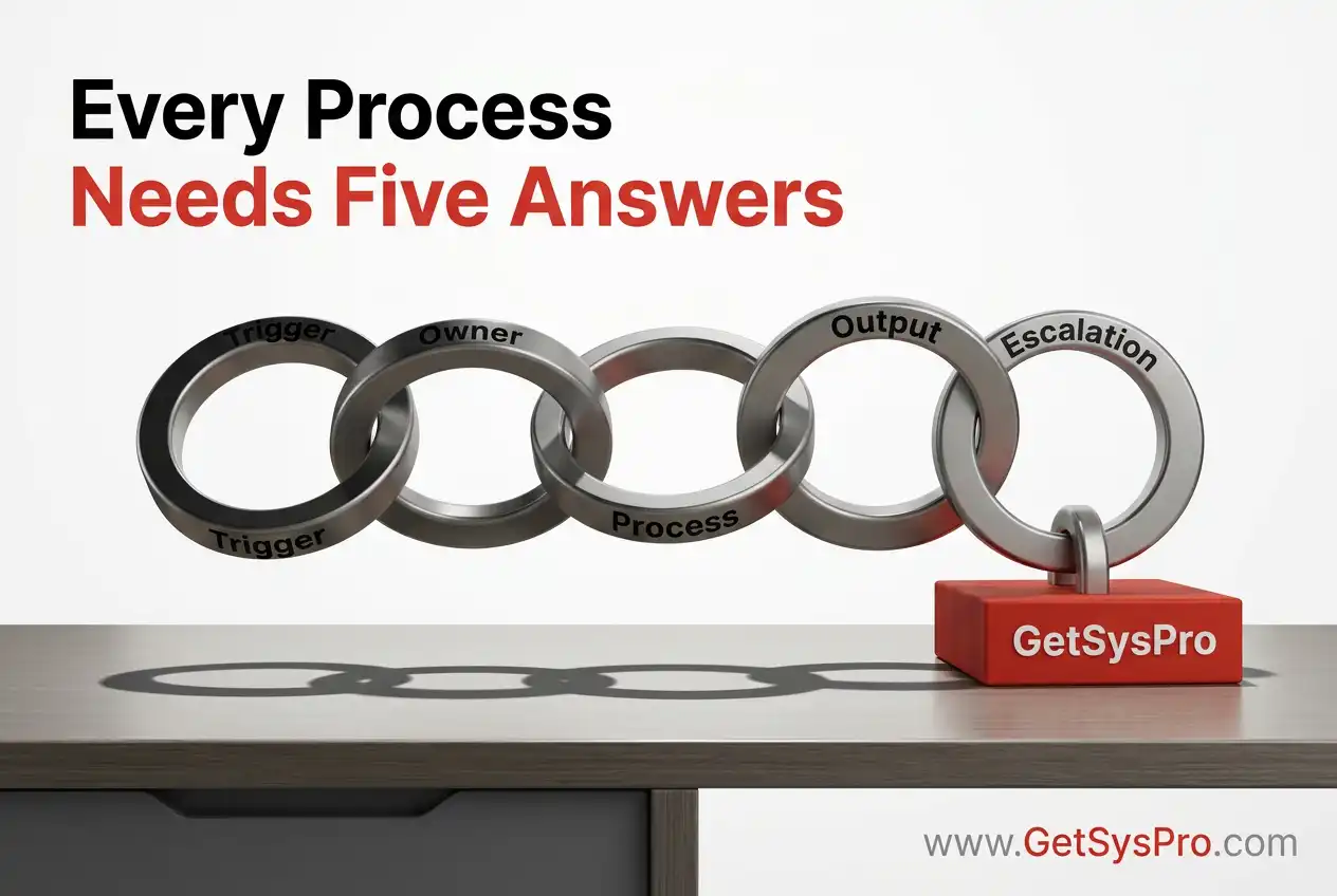 Five interlocking rings each engraved with a workflow step showing trigger, owner, process, output, and escalation representing the documentation is not bureaucracy framework GetSysPro builds for growing businesses. www.GetSysPro.com