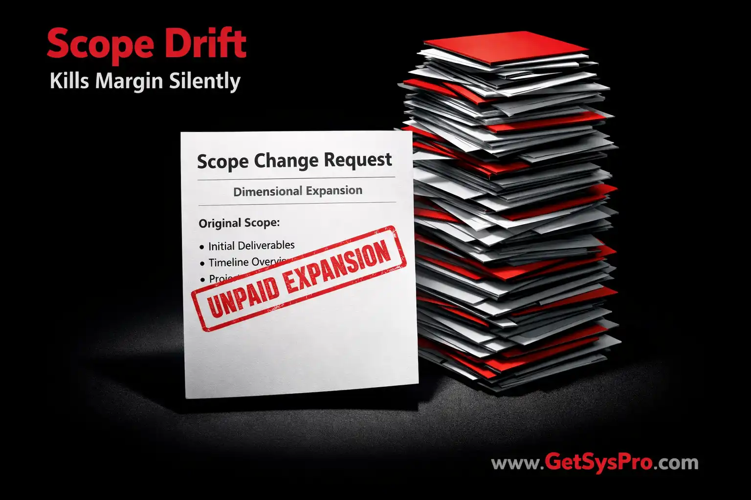 Scope change request document stamped with unpaid expansion warning beside a growing stack of additional deliverable cards representing how scope drift causes margin compression in service businesses. www.GetSysPro.com