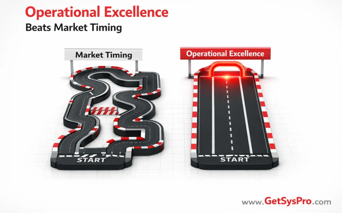 Two track lanes comparing market timing with unpredictable jagged turns against operational excellence with a clean straight path and glowing red finish line, representing why operational excellence beats market timing for business performance. www.GetSysPro.com