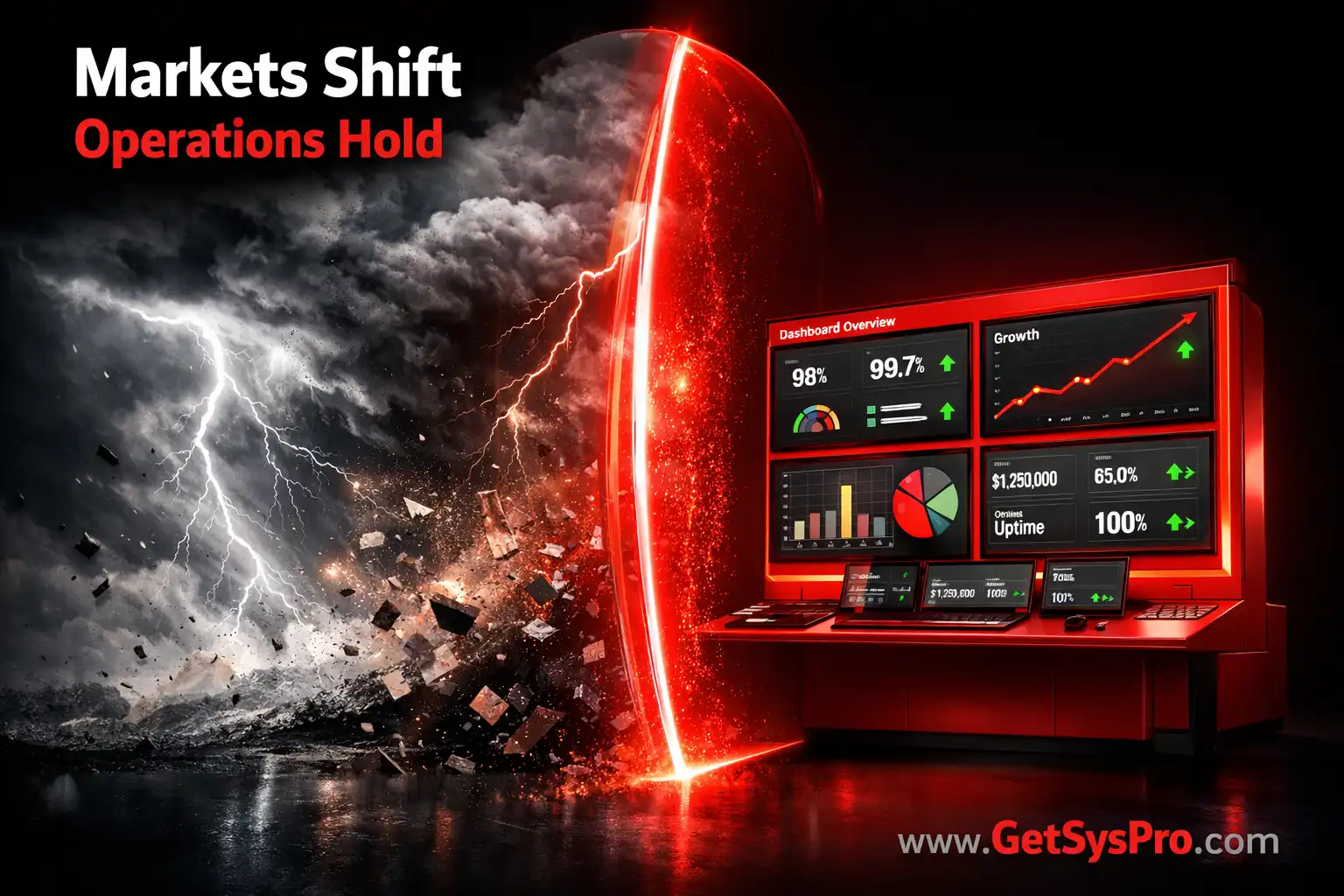 Market volatility storm on one side and a stable operational dashboard with steady metrics on the other side separated by a red protective shield, representing how operational excellence beats market timing by protecting business performance through external disruption. www.GetSysPro.com