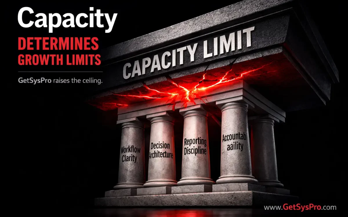 A 3D architectural ceiling labeled capacity limit pressing down on a four-pillared business structure with red pressure fractures at the contact point, representing how capacity determines growth limits through workflow clarity, decision architecture, reporting discipline, and accountability structure. www.GetSysPro.com