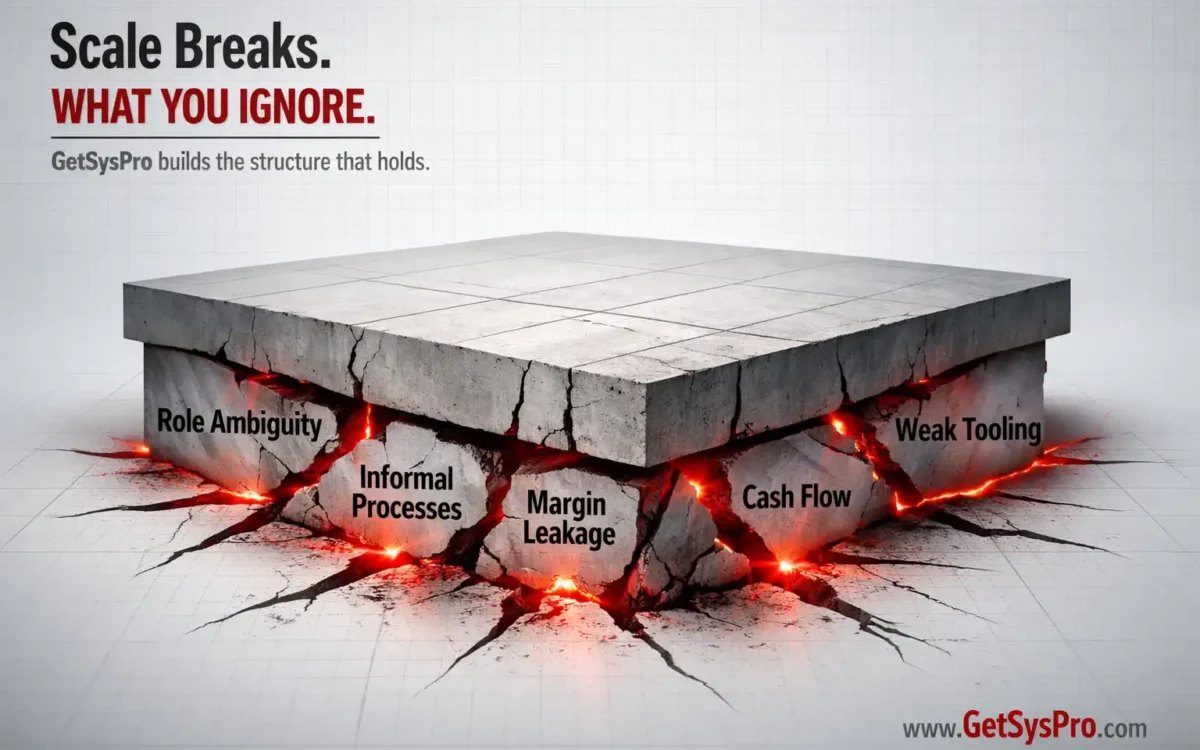 A structured architectural platform with five labeled fault lines cracking beneath its surface including role ambiguity, informal processes, margin leakage, cash flow fragility, and weak tooling, representing how scale breaks what you ignore in growing businesses. www.GetSysPro.com