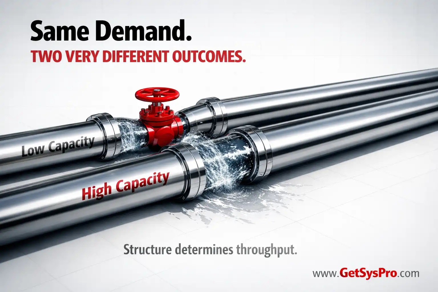 Two chrome pipelines side by side, one constricted at a red bottleneck valve labeled low capacity and one flowing cleanly labeled high capacity, representing how capacity determines growth limits and how operational structure determines throughput under the same demand. www.GetSysPro.com