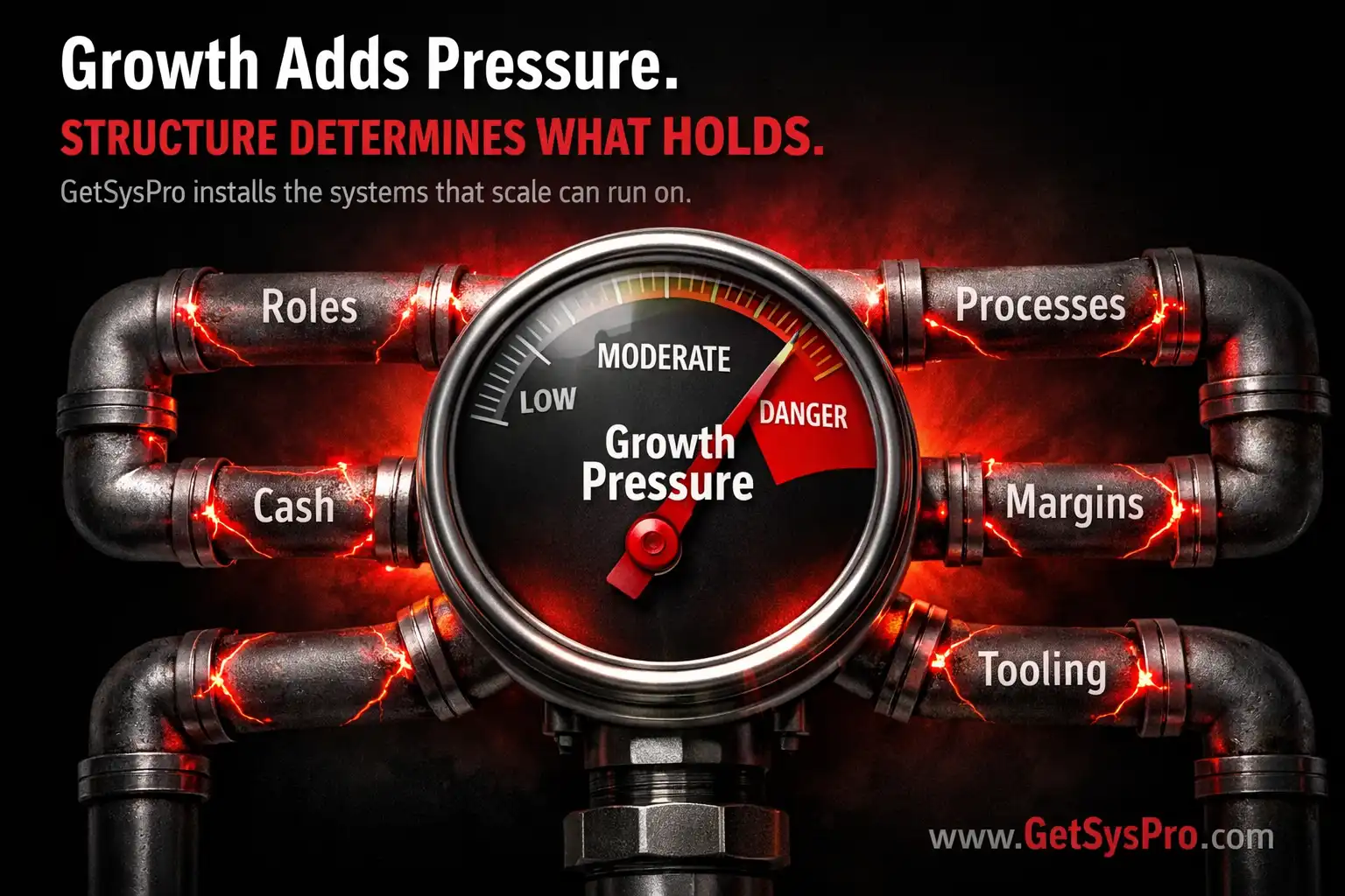 A pressure gauge buried in the red zone labeled growth pressure connected to five cracking pipe segments labeled roles, processes, margins, cash, and tooling, representing the five operational areas where scale breaks what you ignore in growing businesses. www.GetSysPro.com