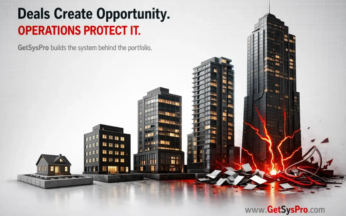 Real estate portfolio growing in scale from left to right with a clean foundation under small properties and red structural cracks appearing beneath larger ones, representing how real estate investors fail operationally as portfolio complexity outpaces informal systems. www.GetSysPro.com