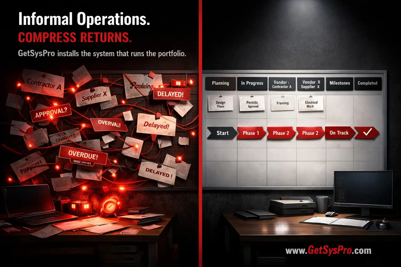 Renovation project management showing informal operations with chaotic vendor coordination and tangled approvals versus structured operations with defined workflows and a clear progress timeline, representing how real estate investors fail operationally when execution lacks structure. www.GetSysPro.com