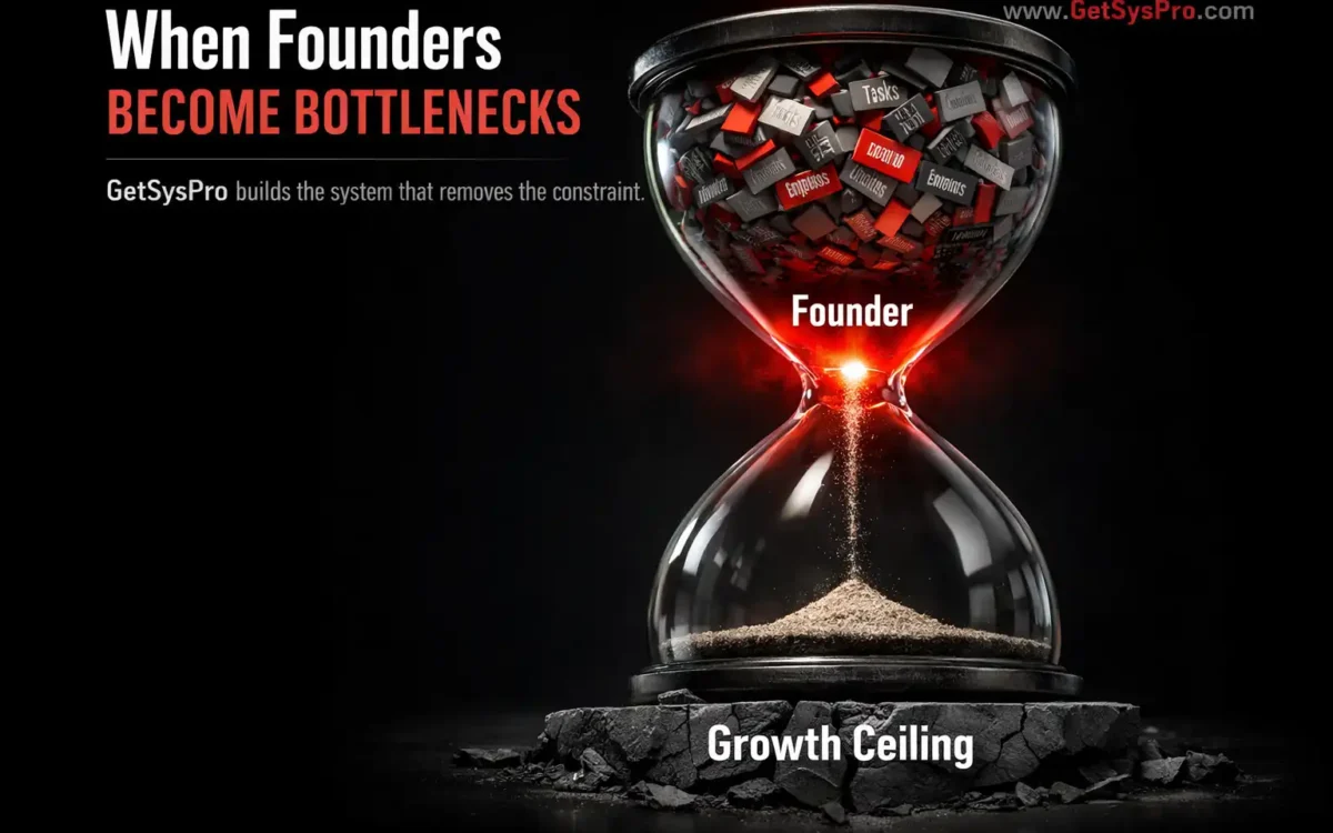 A 3D hourglass with its narrow center labeled Founder being overwhelmed by work items and decisions pressing downward while only a trickle of completed work passes through, representing how founders become bottlenecks that cap organizational growth when decision architecture fails to scale. www.GetSysPro.com