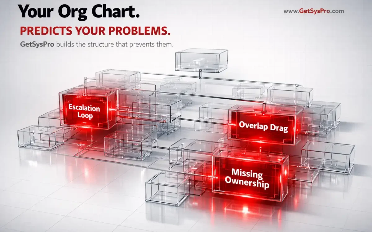 Organizational chart with three nodes containing red warning indicators labeled escalation loop, overlap drag, and missing ownership, representing how your org chart predicts your problems by revealing structural gaps before execution deteriorates. www.GetSysPro.com