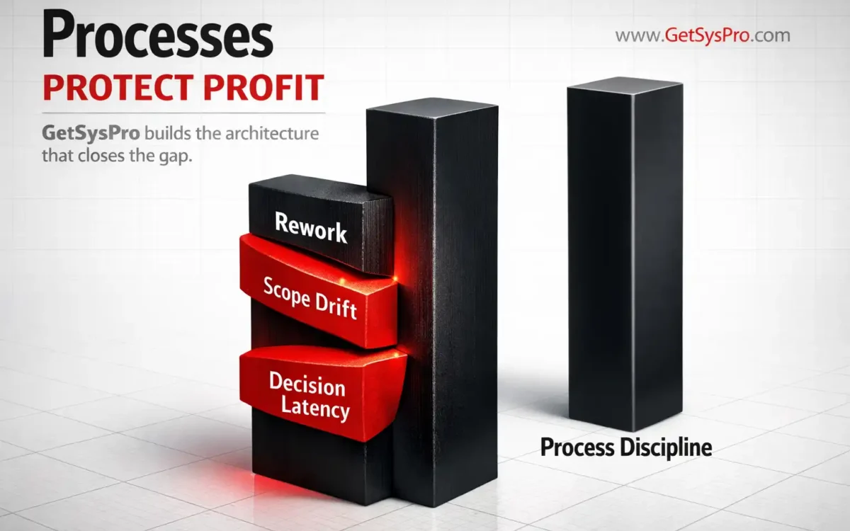 Profit margin bar being carved into by three red wedges labeled rework, scope drift, and decision latency compared to an identical bar at full height labeled process discipline, representing how processes protect profit by eliminating the structural sources of margin compression in growing businesses. www.GetSysPro.com