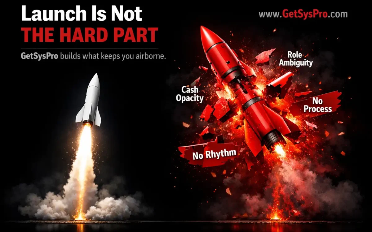 Two rockets from the same launch point, one ascending cleanly and one breaking apart in red with structural failure fragments labeled role ambiguity, cash opacity, no process, and no rhythm, representing why startups collapse after launch when operational architecture was never built. www.GetSysPro.com