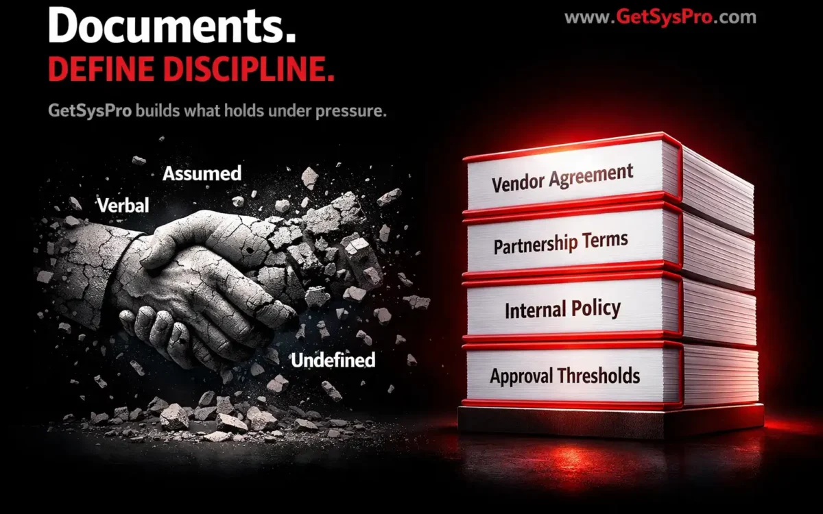 A crumbling handshake dissolving into fragments labeled assumed, verbal, and undefined beside a solid document stack with red binding labeled vendor agreement, partnership terms, internal policy, and approval thresholds, representing how documents define discipline by converting informal assumptions into enforceable structure. www.GetSysPro.com