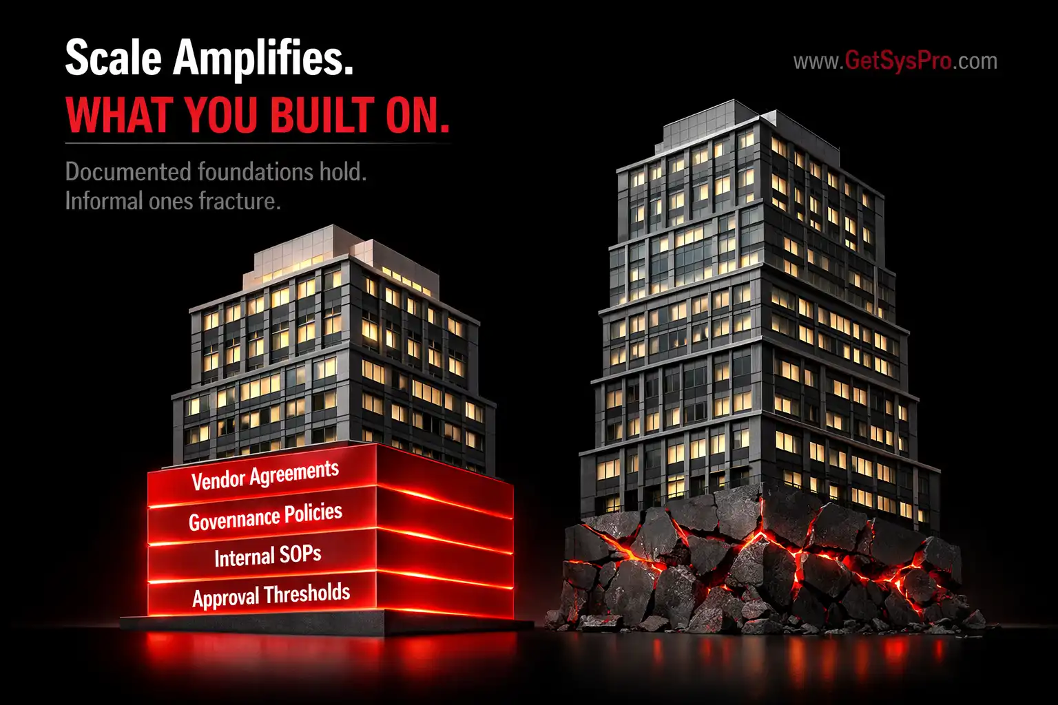 Two identical buildings where one rises cleanly on a documented foundation of vendor agreements, governance policies, SOPs, and approval thresholds and the other fractures in red at the lower floors without documentation, representing how scale amplifies both the value of documented discipline and the cost of informal assumptions in growing organizations. www.GetSysPro.com