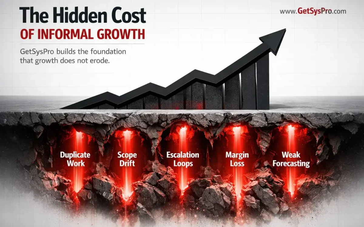 Business growth chart rising steeply with five red structural leak indicators drilling upward invisibly from beneath the surface labeled duplicate work, scope drift, escalation loops, margin loss, and weak forecasting, representing how the hidden cost of informal growth erodes organizational foundations while revenue metrics appear healthy. www.GetSysPro.com