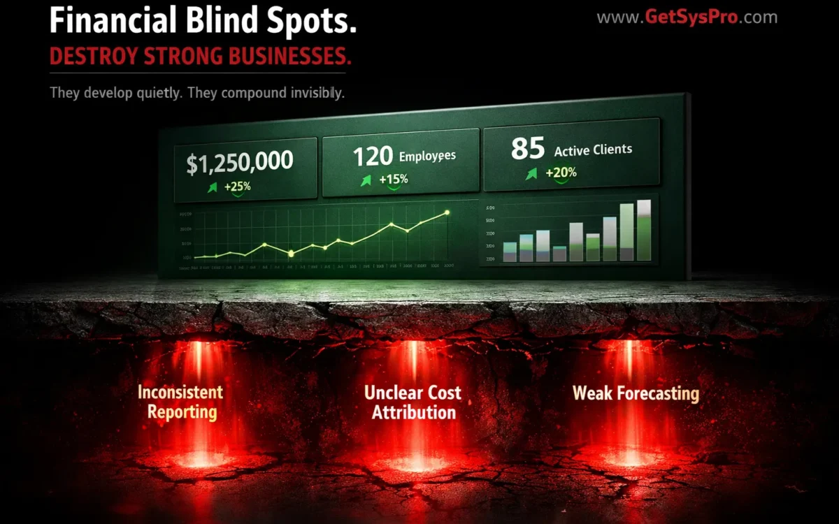 Business dashboard showing healthy revenue and growth metrics on the surface with three red blind spot indicators labeled inconsistent reporting, unclear cost attribution, and weak forecasting drilling upward invisibly from beneath, representing how financial blind spots develop quietly underneath surface-level financial comfort. www.GetSysPro.com