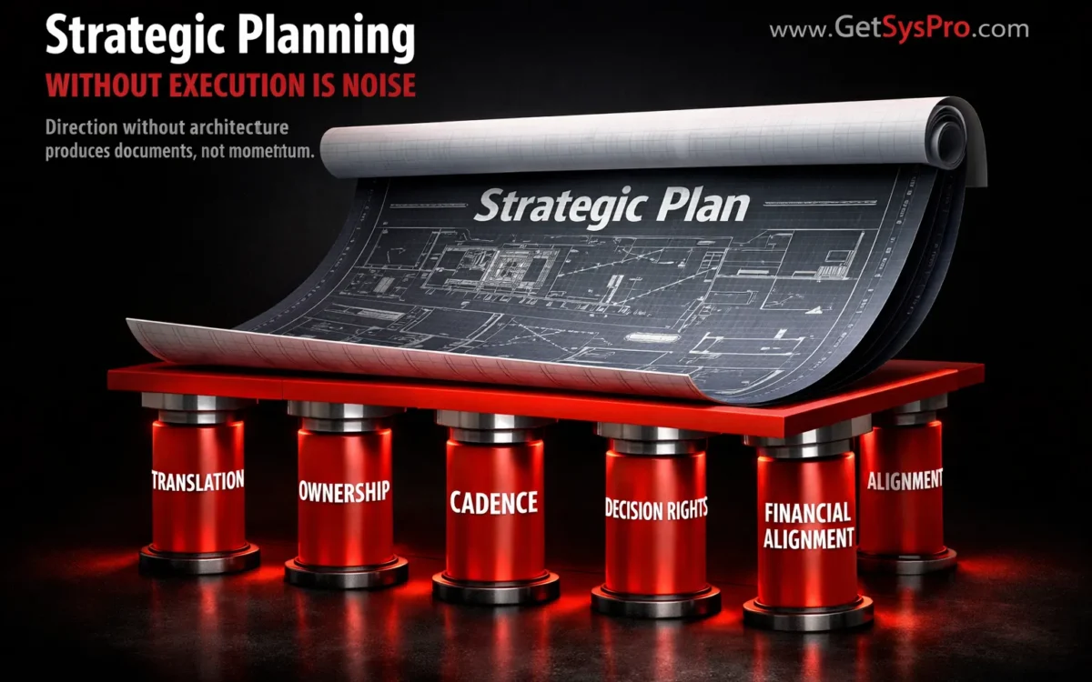 Strategic plan blueprint unrolling over a red execution framework with five structural pillars labeled translation, ownership, cadence, decision rights, and financial alignment rising beneath it, representing how strategic planning without execution architecture fails to produce organizational momentum. www.GetSysPro.com