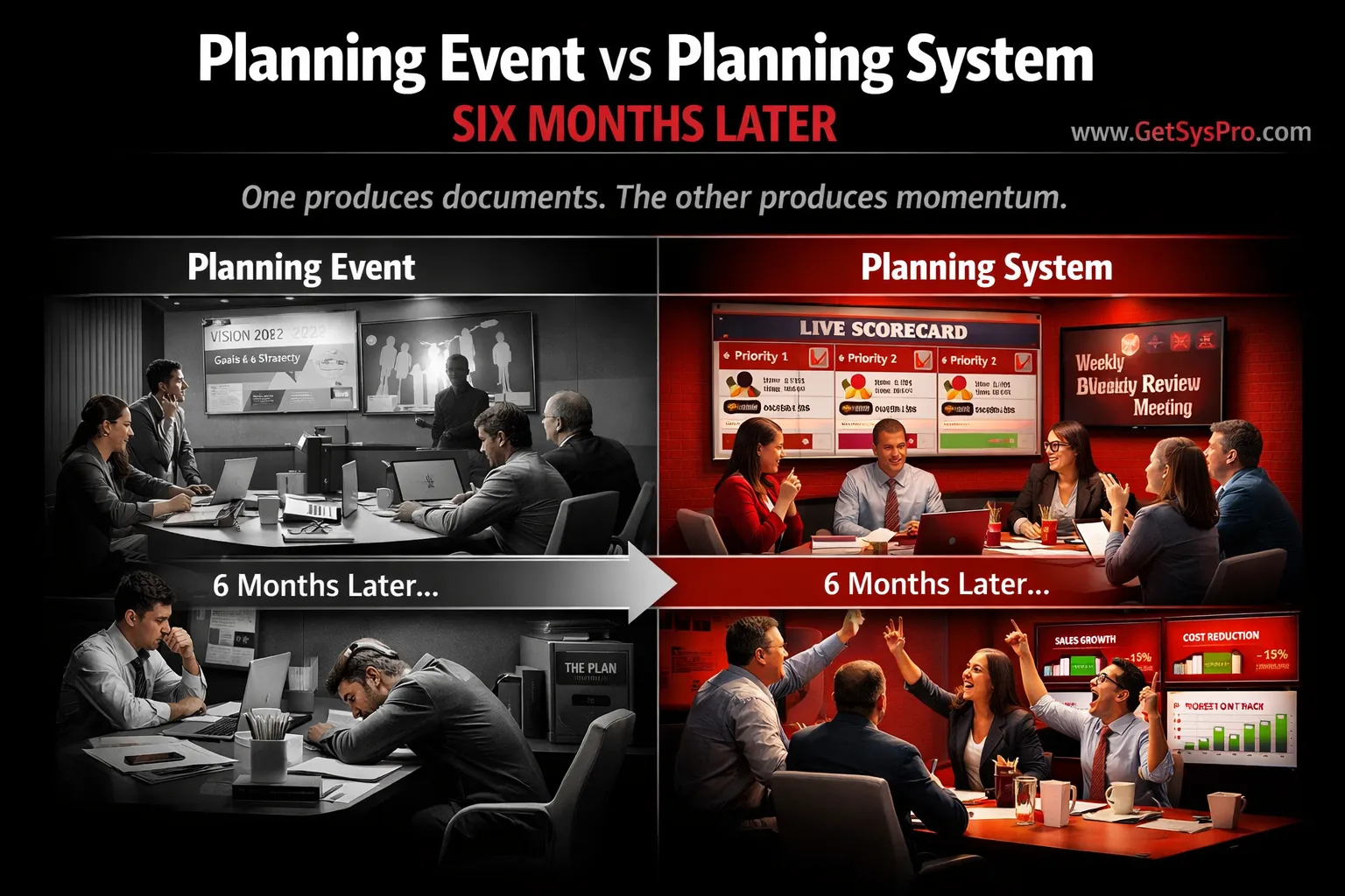 Split-screen timeline showing a planning event producing a filed plan with unchanged operations six months later on the left versus a planning system with live scorecards, named owners, and measurable progress six months later on the right, representing the difference between strategic planning without execution and strategic planning with execution architecture. www.GetSysPro.com