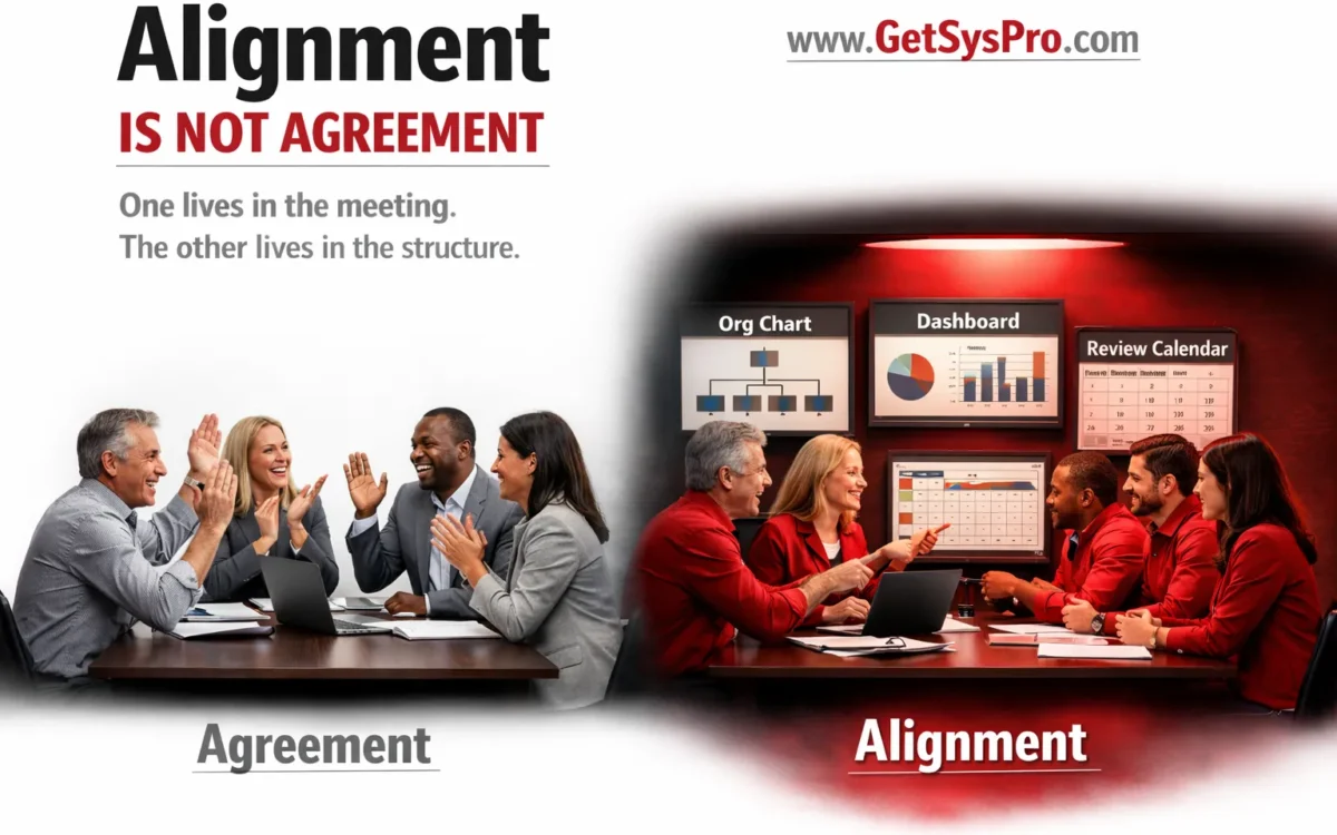 Two identical leadership teams side by side showing one team nodding in agreement labeled Agreement on the left versus the same team with a structured org chart, shared dashboard, and documented workflow visible between them labeled Alignment on the right, representing how alignment is not agreement and requires structural elements that meetings alone cannot produce. www.GetSysPro.com