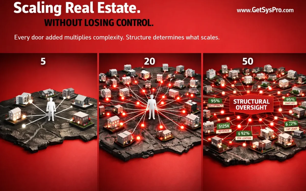 Real estate portfolio map showing three growth stages from five properties with personal investor oversight to twenty with overwhelmed connections and stress indicators to fifty with a clean operational framework providing structural oversight at every node, representing how scaling real estate without losing control requires operational architecture rather than personal attention. www.GetSysPro.com
