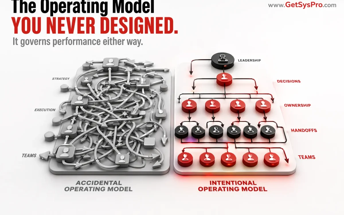 Organizational structure split into two halves showing a tangled informal web labeled accidental operating model on the left versus a clean defined architecture with clear ownership nodes and structured decision levels labeled intentional operating model on the right, representing how every business has an operating model whether it was designed or inherited. www.GetSysPro.com