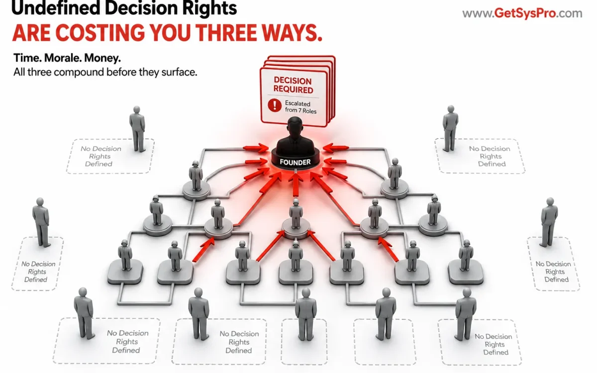Organizational structure with a founder silhouette at the apex surrounded by red escalation arrows from every level below and decision cards stacking at the founder node while managers wait in gray zones labeled no decision rights defined, representing how undefined decision rights generate three compounding costs of time, morale, and financial loss before they surface in revenue or margin. www.GetSysPro.com