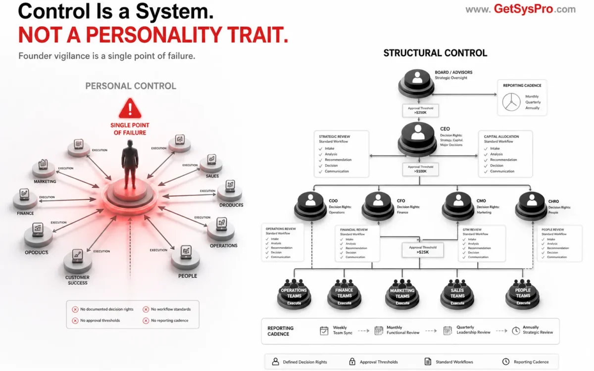 Two organizational structures showing a founder silhouette at the center of every decision arrow with all execution lines converging inward and a red single-point-of-failure warning labeled personal control on the left versus a clean governed structure with defined approval thresholds, decision rights at role nodes, workflow standard cards at each handoff, and reporting cadence wheels with no single convergence point labeled structural control on the right, representing how control is a system not a personality trait and founder vigilance is a single point of failure. www.GetSysPro.com