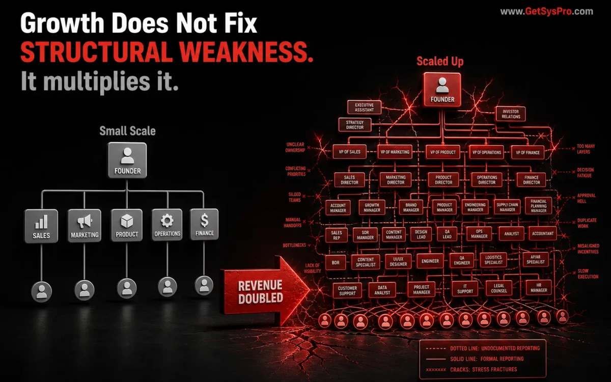 Organizational chart split in two halves showing a clean three-layer small-scale structure with minimal connections on the left versus the same chart at scale densely cluttered with overlapping role nodes, tangled reporting lines, undocumented approval chains, and red stress fracture lines at every major connection with a red Revenue Doubled growth arrow and crack spreading from the destination, representing how growth does not fix structural weakness but exposes and multiplies every gap. www.GetSysPro.com