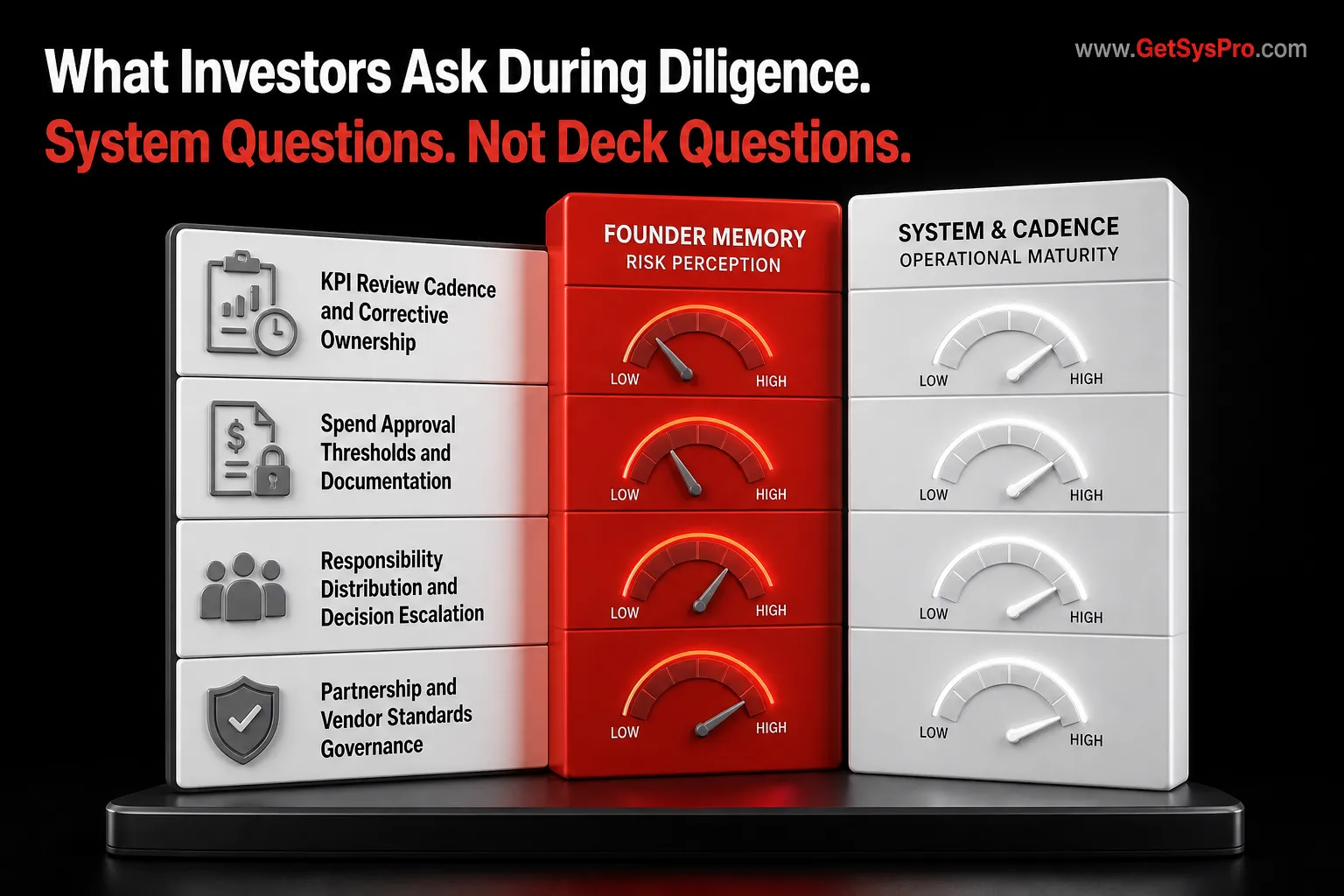 Diligence evaluation grid showing four question panels covering KPI review cadence, spend approval thresholds, responsibility distribution, and partnership governance with two response columns: founder memory on the left with risk perception meter rising and system and cadence on the right with operational maturity meter rising, representing what investors ask during diligence and how the answers signal operational maturity or execution risk. www.GetSysPro.com