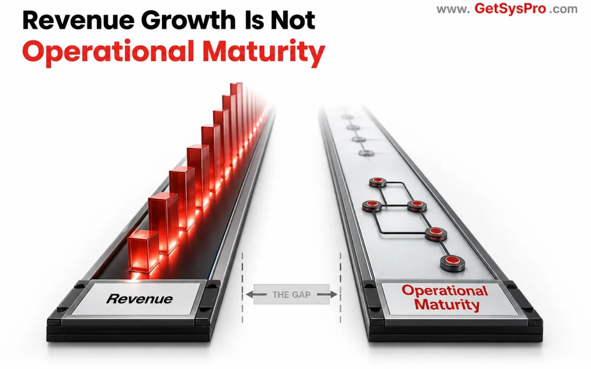 Two parallel vertical track structures with a revenue track in black showing rising bars and an operational maturity track in red showing a flat baseline with control architecture nodes beginning to build and a gap indicator between the tracks in gray, representing how revenue growth and operational maturity are separate trajectories that must both be built intentionally for sustainable scaling. www.GetSysPro.com