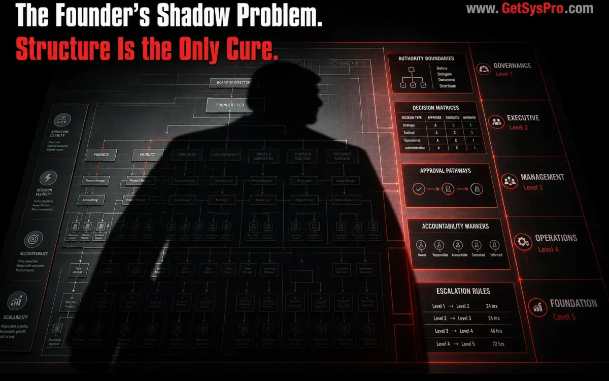 Founder silhouette shadow cast across an organizational floor map obscuring authority lines and decision nodes beneath it with a clean red structural framework glowing where the shadow ends showing authority boundaries and decision matrices visible, representing how the founder's shadow is a structural failure that documented governance replaces in growing organizations. www.GetSysPro.com