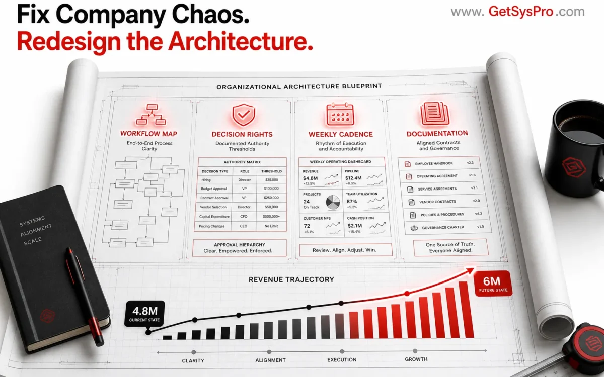 Organizational architecture blueprint unrolling across a work surface with four labeled sections glowing in red including workflow map with end-to-end process lines, decision rights with documented authority thresholds, weekly cadence with dashboard indicators active, and documentation with aligned contract and governance stacks beside a revenue trajectory rising from 4.8M to 6M, representing how to fix company chaos by redesigning the operating architecture rather than adding effort or headcount. www.GetSysPro.com