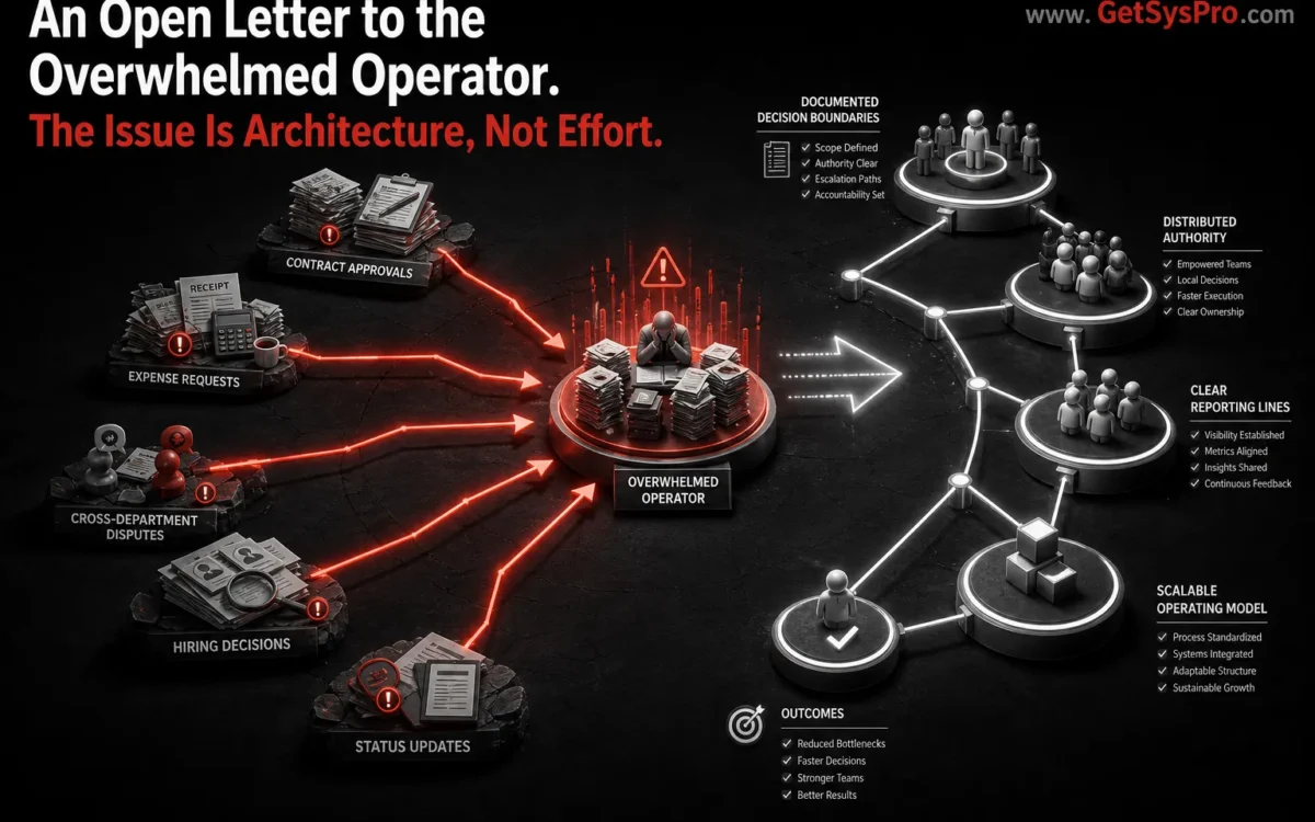 Single operator node at the center of an organizational architecture overloaded with red pressure indicators as decision arrows route inward from contract approvals, expense requests, cross-department disputes, and hiring decisions with a redesigned white governance architecture beginning to form at the perimeter showing distributed authority nodes and clear reporting lines, representing how the overwhelmed operator pattern forms when decision rights are never redesigned as the business scales and how structural architecture replaces the approval hub dynamic. www.GetSysPro.com