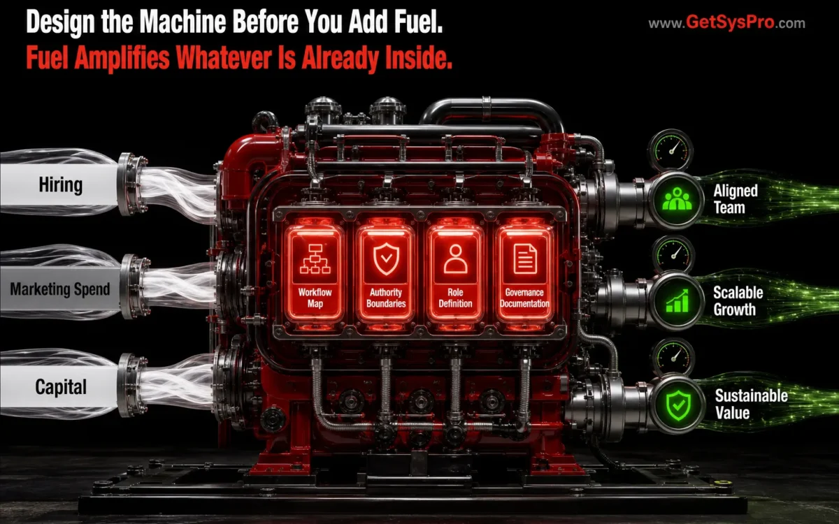 Mechanical engine architecture in red with workflow map, authority boundaries, role definition, and governance documentation components glowing and active beside three fuel inputs labeled hiring in white, marketing spend in gray, and capital in white each connecting to the designed engine with green output indicators, representing how designing the machine before adding fuel converts each growth input into speed and capacity rather than friction and strain. www.GetSysPro.com