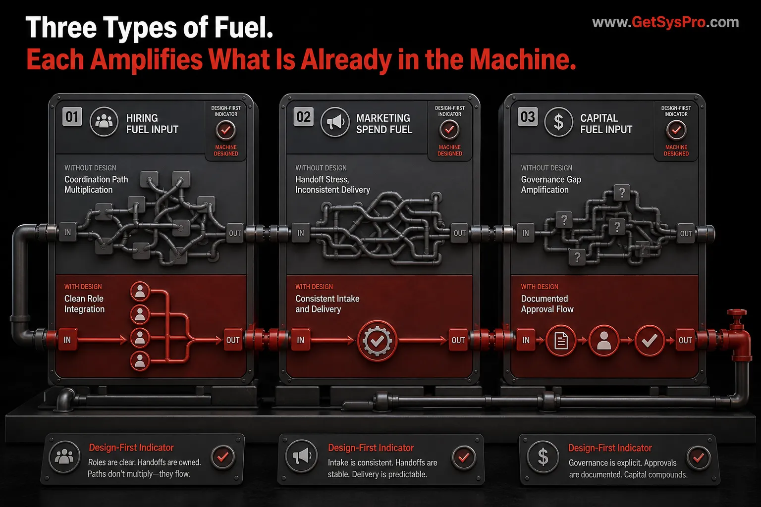 Three fuel input panels showing hiring multiplying coordination paths in gray when machine is undefined versus clean role integration in red when designed, marketing spend revealing handoff stress in gray versus consistent intake and delivery in red, and capital magnifying governance gaps in gray versus documented approval flow in red each with a design-first indicator, representing how each type of growth fuel amplifies what is already inside the operating system and why designing the machine first determines whether fuel produces speed or friction. www.GetSysPro.com